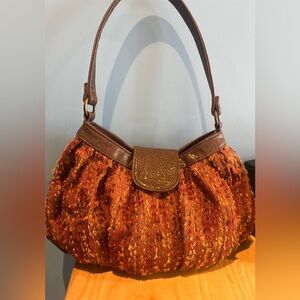 Mary Frances Tweed Brown Orange Yellow Pink Fabric/Leather Bag - Vintage